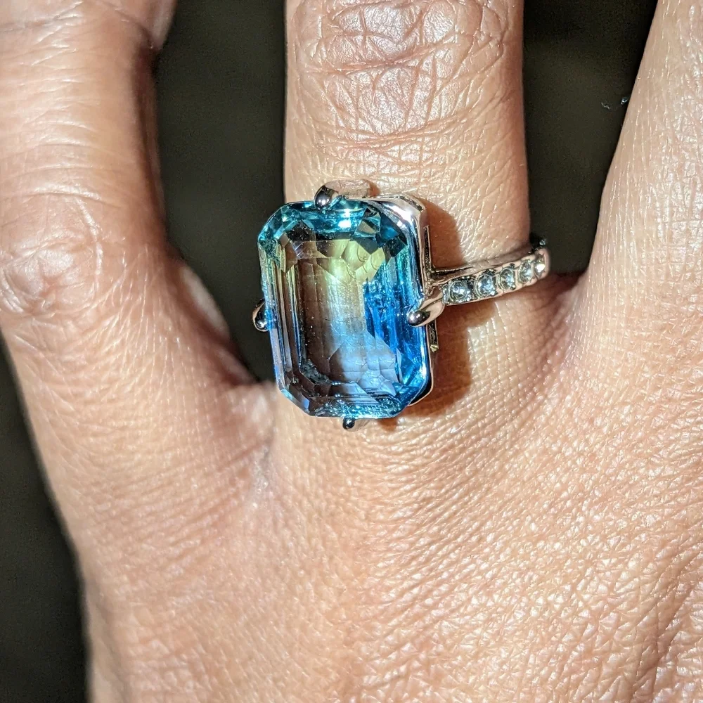 Blue/Green Tourmaline Ring, 14K White Gold Plated Double Color Gemstone Sz 6